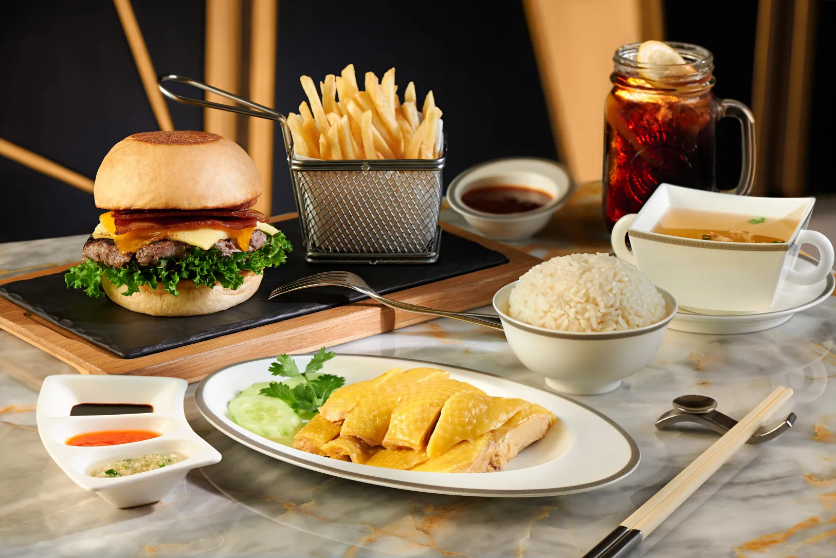 Signature Hainanese Chicken Rice, US Prime Beef and Cheese Burger